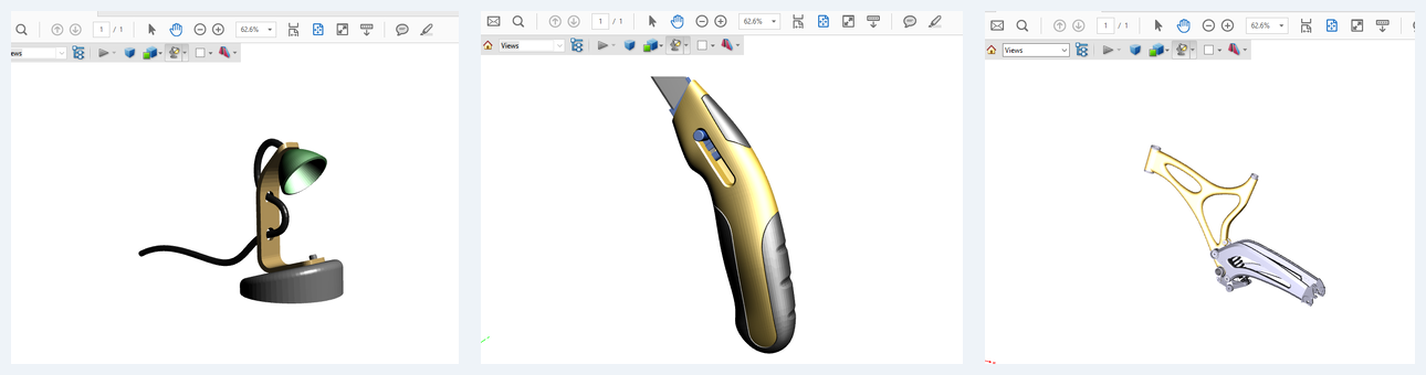 Lamp, utility knife, and bicycle frame CAD models shown in exported viewers